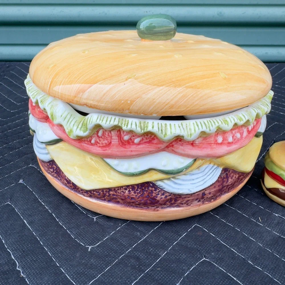 Vintage Ceramic Hamburger Divided Serving Dish with Fry & Burger Shakers Set